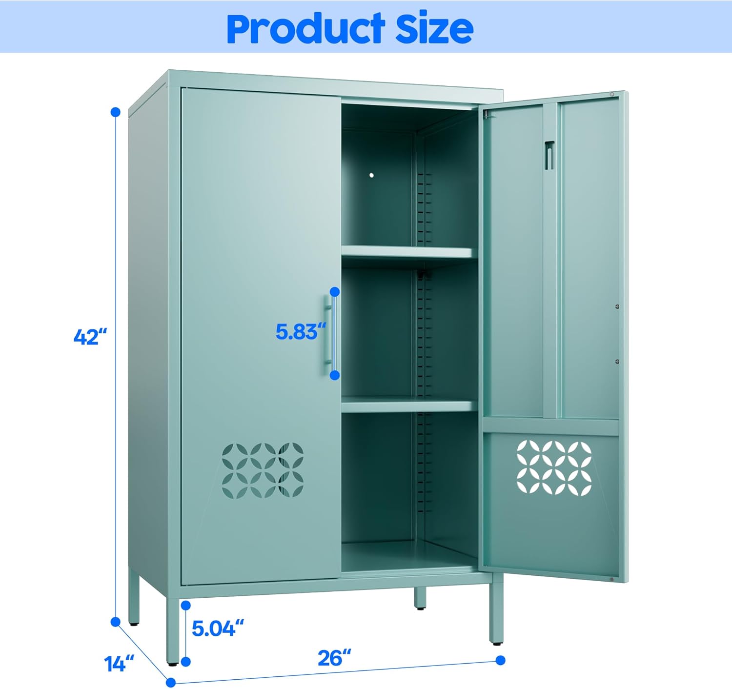 Metal Storage Cabinet with Adjustable Shelves,Metal Buffet Sideboard with 2 Doors for Kitchen,Home,Office, 42" H x 26" W x 14" D,Assembly Required,Blue