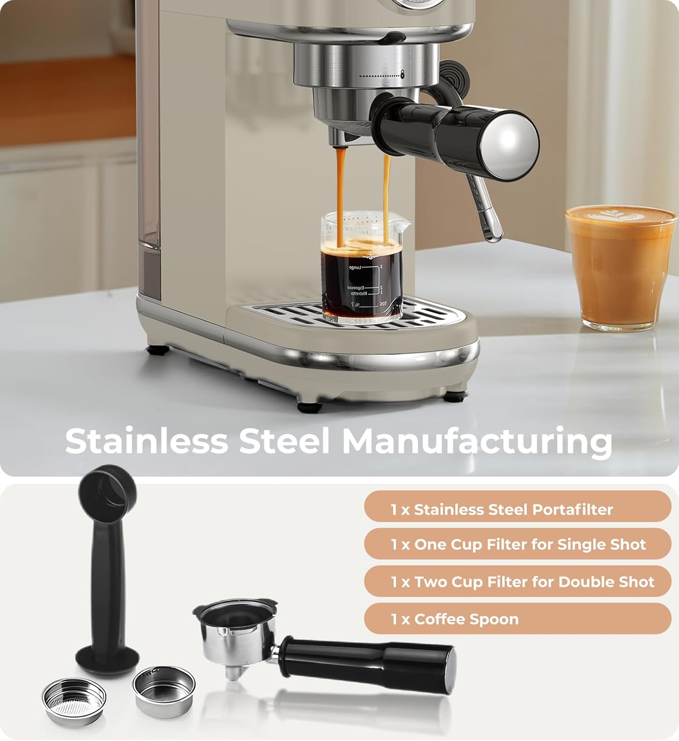 20 Bar Espresso Machine with Milk Frother, Compact Espresso Maker, Stainless Steel Coffee Machine with Precise Temp Control & 44oz Removable Water Tank for Latte, Cappuccino, Light Grey