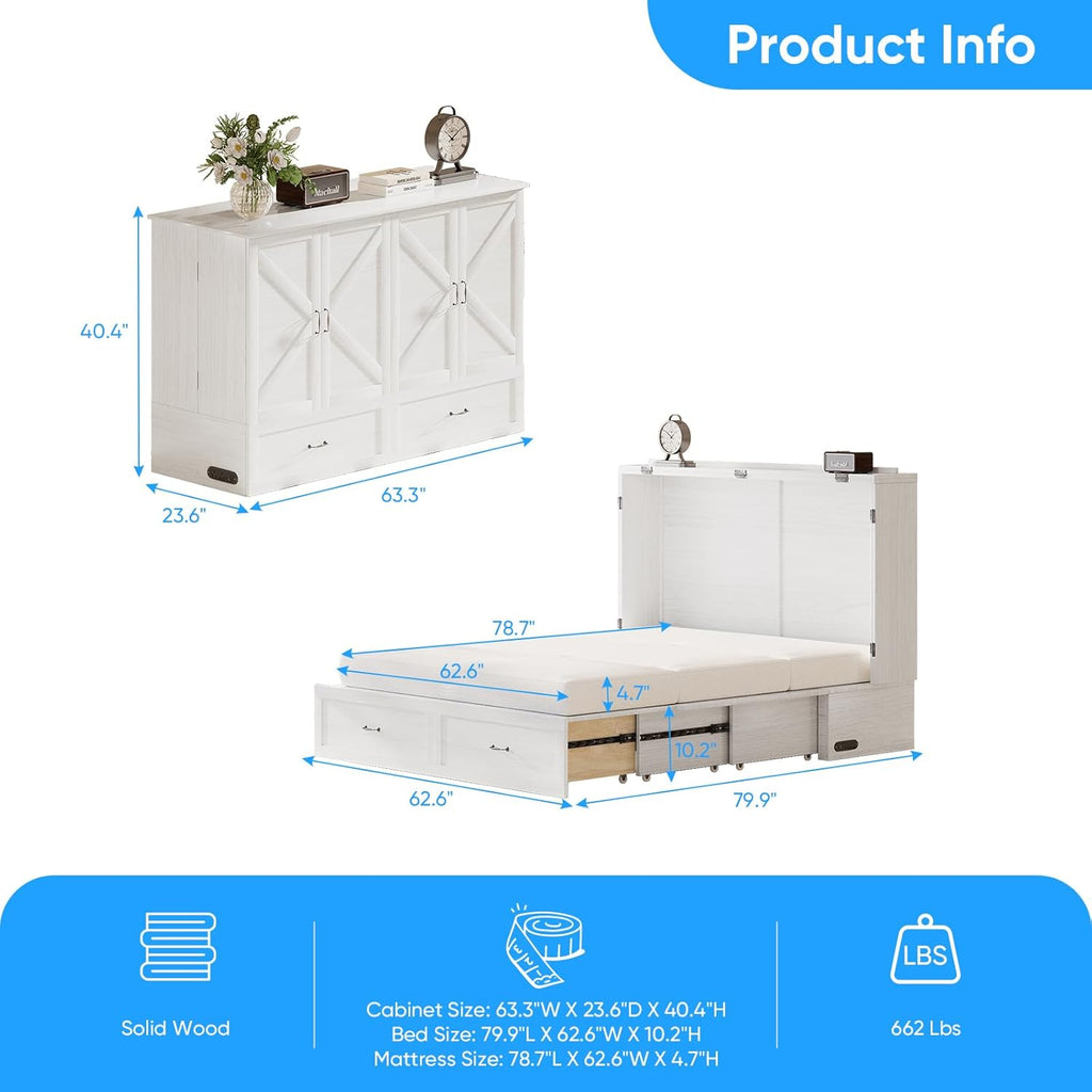 Mjkone Murphy Bed, Cabinet Beds Queen Size with Mattress Included, Built-in Charging Station and Drawer, 63" W Queen Cabinet Murphy Bed, Hidden Guest Beds for Living Room, Bedroom, Apartment, White