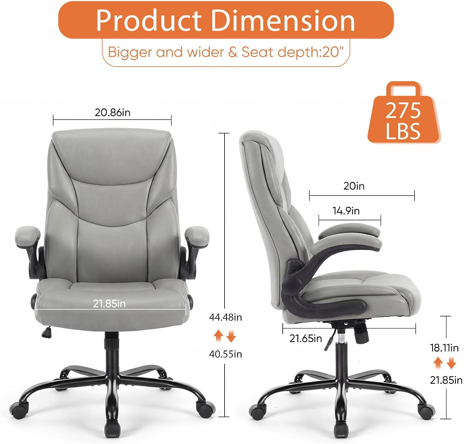 Sweetcrispy Office Computer Gaming Chair, Ergonomic High Back Heavy Duty Task Desk Chairs with Wheels, Flip-up Arms, Adjustable Height, PU Leather, Grey