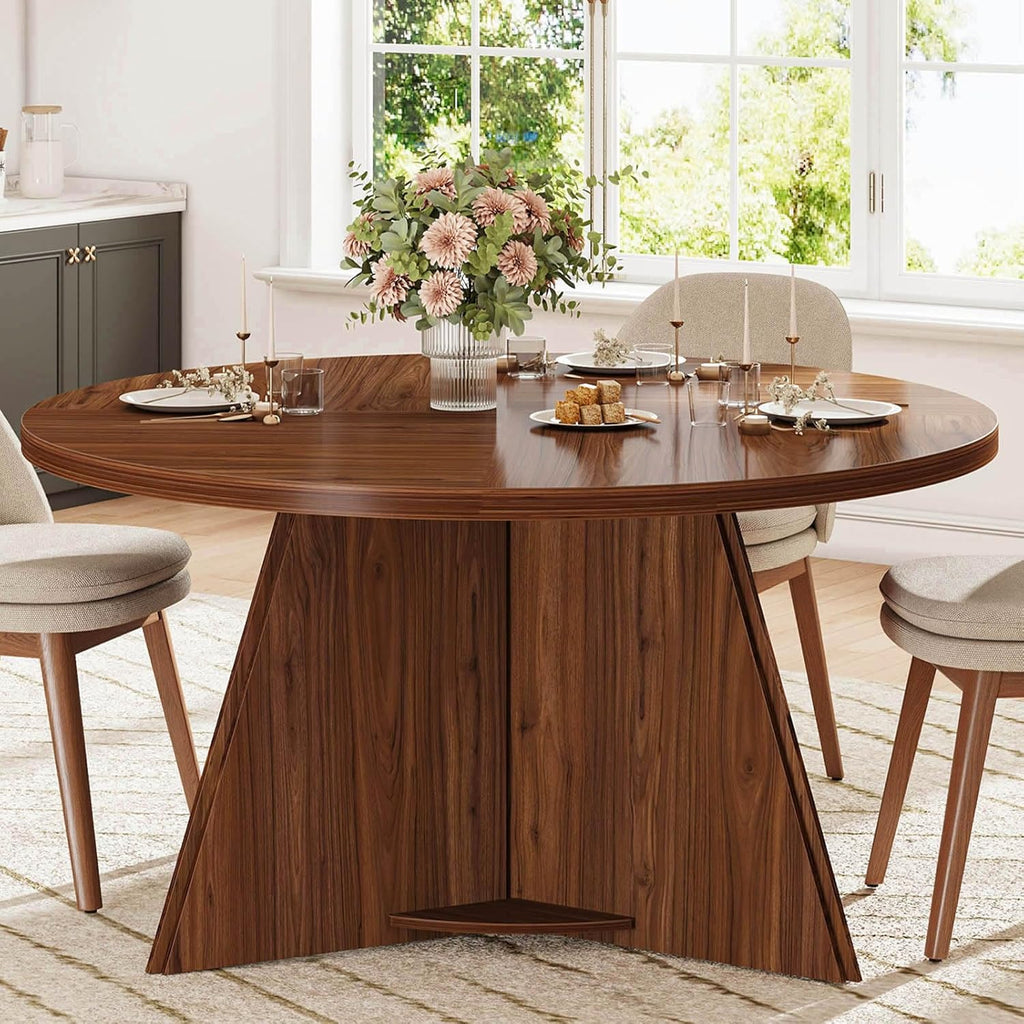 LVB Round Dining Table for 4-6, Mid Century Modern Walnut Circle Dinner Table, Brown Wood Pedestal Kitchen Table with Wooden Base for Dining Room, Kitchen, Living Room, 43 inch