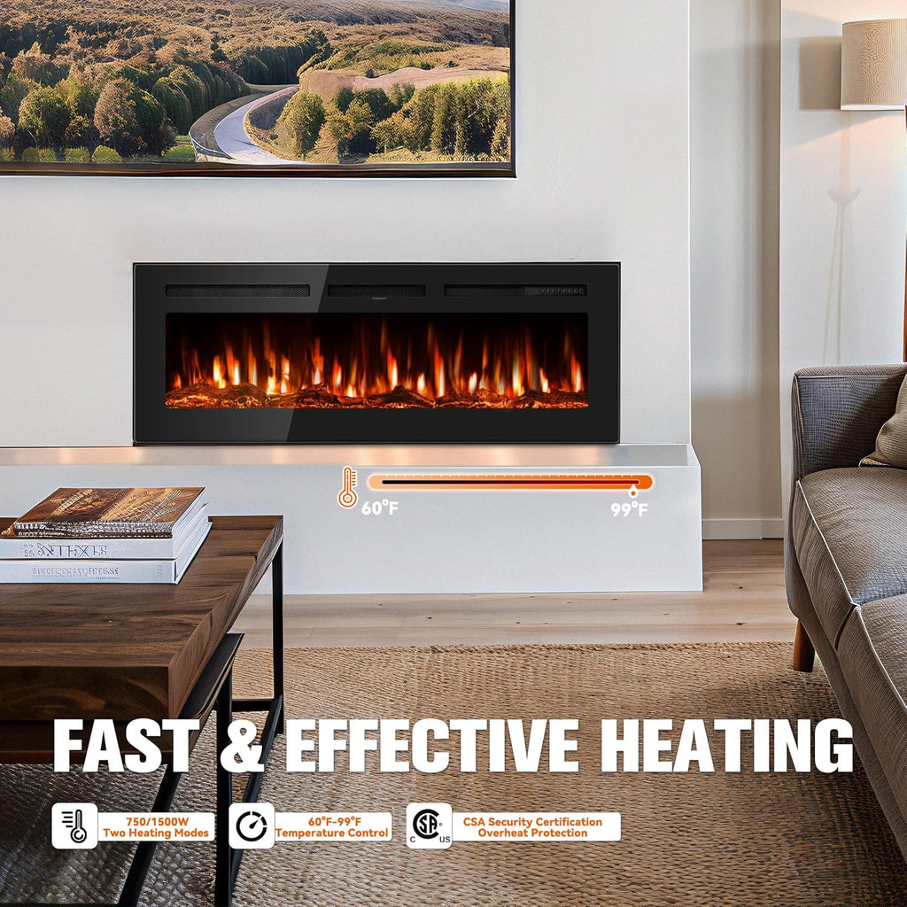 Manastin 60" Ultra-Thin Electric Fireplace Recessed and Wall Mounted with Remote Control, 12 Adjustable Color Fireplace Heater(60-99°F Thermostat), Low Noise, Timer, Child Lock