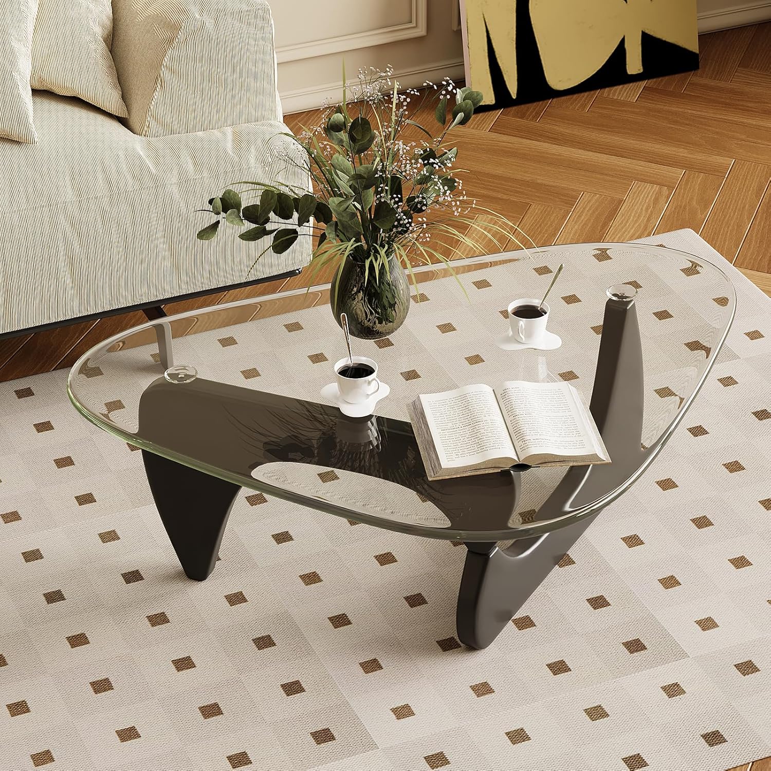 Coffee Table for Living Room Mid Century Modern Center Table with Glass Top and Wood, Transparent/Black