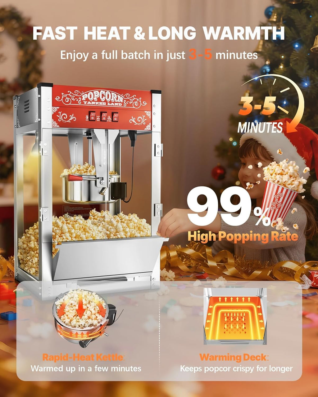 16 Oz Commercial Popcorn Machine, 1440 W, Movie Theater Popcorn Machine, Red Tabletop Pop Corn Machine with 3-Switch Control & Steel Frame Tempered Glass Doors