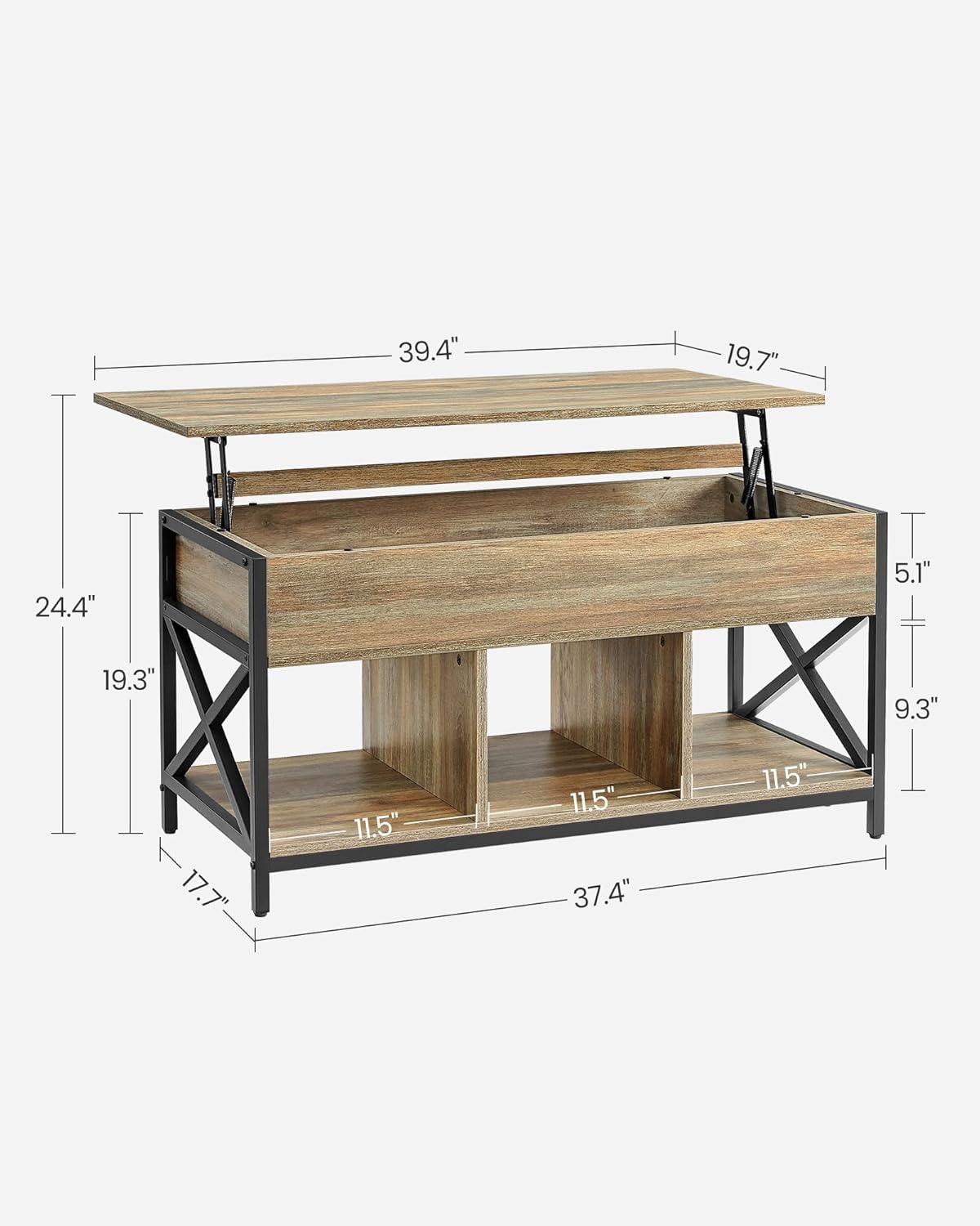 VASAGLE Lift Top Coffee Table, Lift Coffee Table with Storage Shelf, Hidden Compartments and Lifting Top, for Living Room, Office, 19.7 x 39.4 x (19.3-24.4) Inches, Oak with Blue Grains ULCT202B60