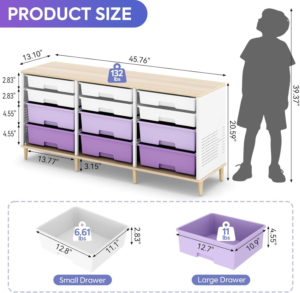 12 Drawers Storage Cabinet with Wooden Top and Plastic Bins, Toy Storage Organizer Toy Shelf Storage Chest Cubby Organizer for Home, Office, Playroom, Classroom & Craft Room Storage (Gradient Purple)