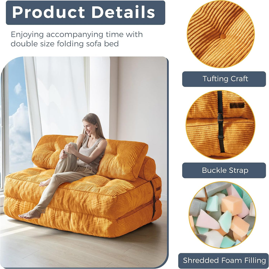 MAXYOYO Folding Sofa Bed, Convertible Sleeper Chair with Pillow Foldable Mattress with Back Support, Portable Fold Out Chair Bed Comfy Floor Sofa Lounge for Living Room Bedroom, Orange Double