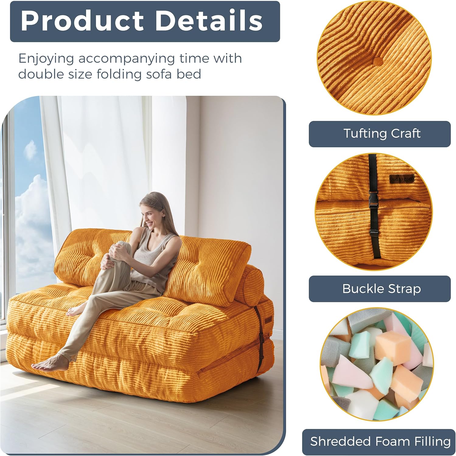 MAXYOYO Folding Sofa Bed, Convertible Sleeper Chair with Pillow Foldable Mattress with Back Support, Portable Fold Out Chair Bed Comfy Floor Sofa Lounge for Living Room Bedroom, Orange Double