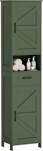 Homhedy 67" H Tall Bathroom Storage Cabinet with 2 Barn Doors and 1 Drawer, Narrow Storage Unit, Adjustable Shelves, Floor Cabinet for Bathroom, Living Room, Entryway, Kitchen, Green, (15.7" W)