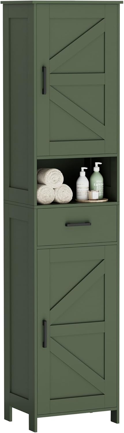 Homhedy 67" H Tall Bathroom Storage Cabinet with 2 Barn Doors and 1 Drawer, Narrow Storage Unit, Adjustable Shelves, Floor Cabinet for Bathroom, Living Room, Entryway, Kitchen, Green, (15.7" W)