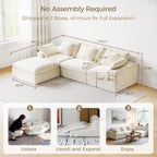 120" L-Shaped Boneless Cloud Couch, Modular Sectional Sofa with Ottoman and Extra-Wide Armrests, Deep Seat Sectional Couches for Living Room, 35D High-Density Foam, No Assembly Required, Beige