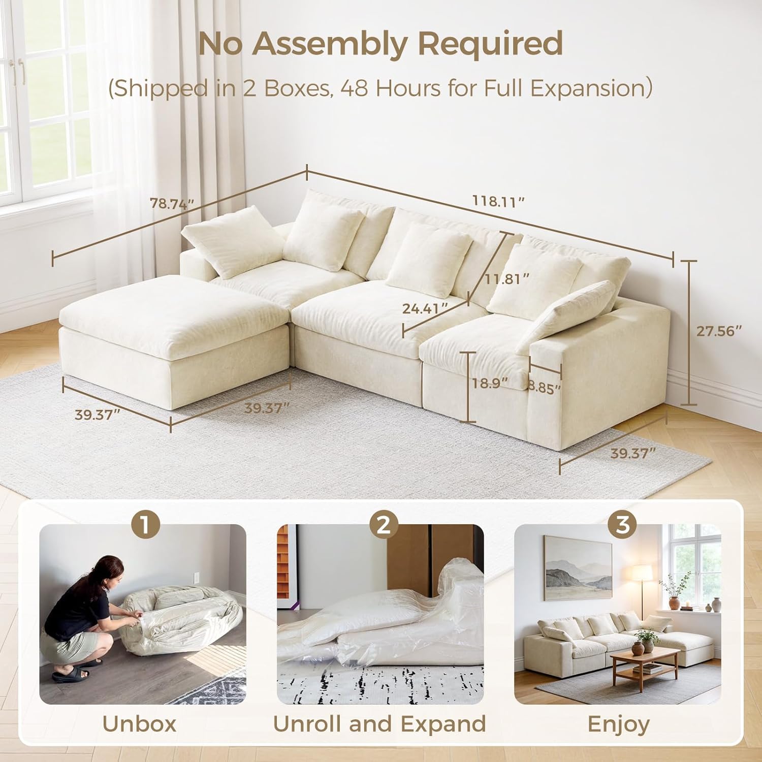 120" L-Shaped Boneless Cloud Couch, Modular Sectional Sofa with Ottoman and Extra-Wide Armrests, Deep Seat Sectional Couches for Living Room, 35D High-Density Foam, No Assembly Required, Beige