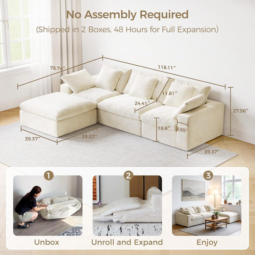 120" L-Shaped Boneless Cloud Couch, Modular Sectional Sofa with Ottoman and Extra-Wide Armrests, Deep Seat Sectional Couches for Living Room, 35D High-Density Foam, No Assembly Required, Beige