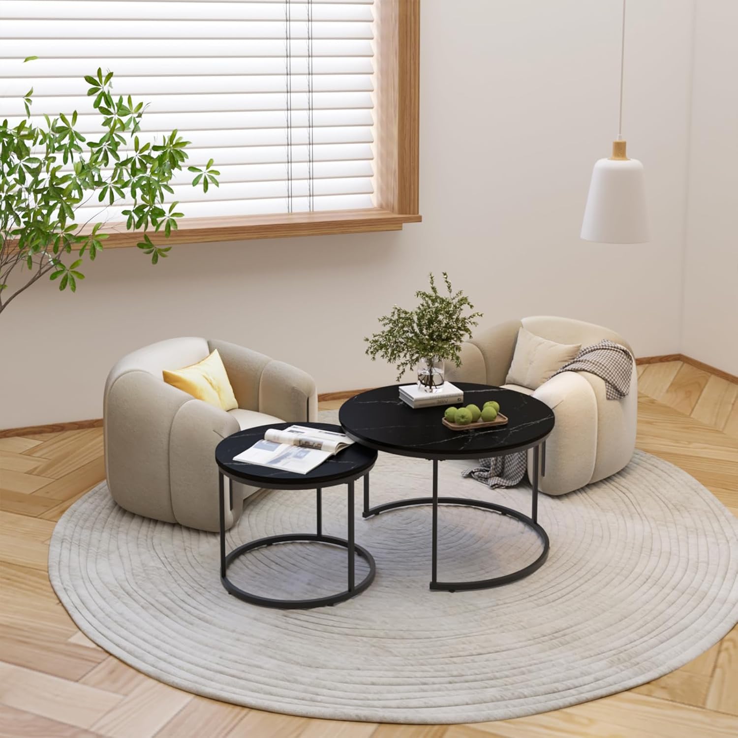 Nesting Coffee Table Set of 2, 27.6inch Round Coffee Table Wood Marble Pattern Top with Sturdy Metal Frame, End Table Side Tables for Living Room Bedroom Balcony Yard (Black),CFT2601