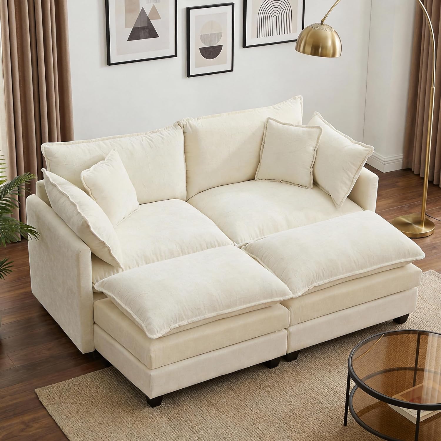 78" Modular Sectional Sofa, Cloud Couch Loveseat Sofa with 2 Movable Ottoman, Comfy Chenille Deep Seat Sofa with Throw Pillows, 4 Seat Modern Couches for Living Room, Bedroom and Apartment, Beige
