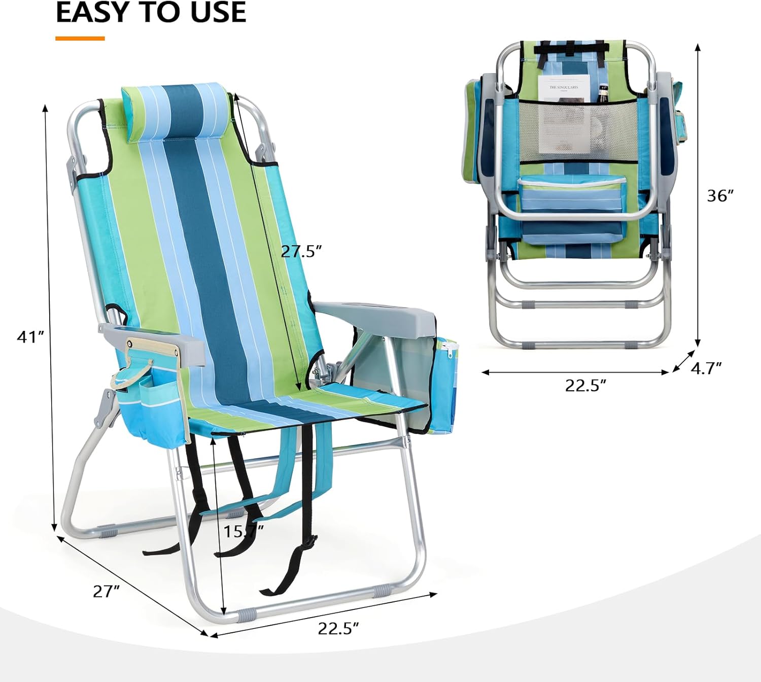 VINGLI Tall Beach Chair 2 Pack Lightweight, Backpack Beach Chair for Adults with 5-Position, Cooler Bag, Cup Holders, Towel Bar, Lightweight Folding Beach Camping Chairs （Blue/Green-16