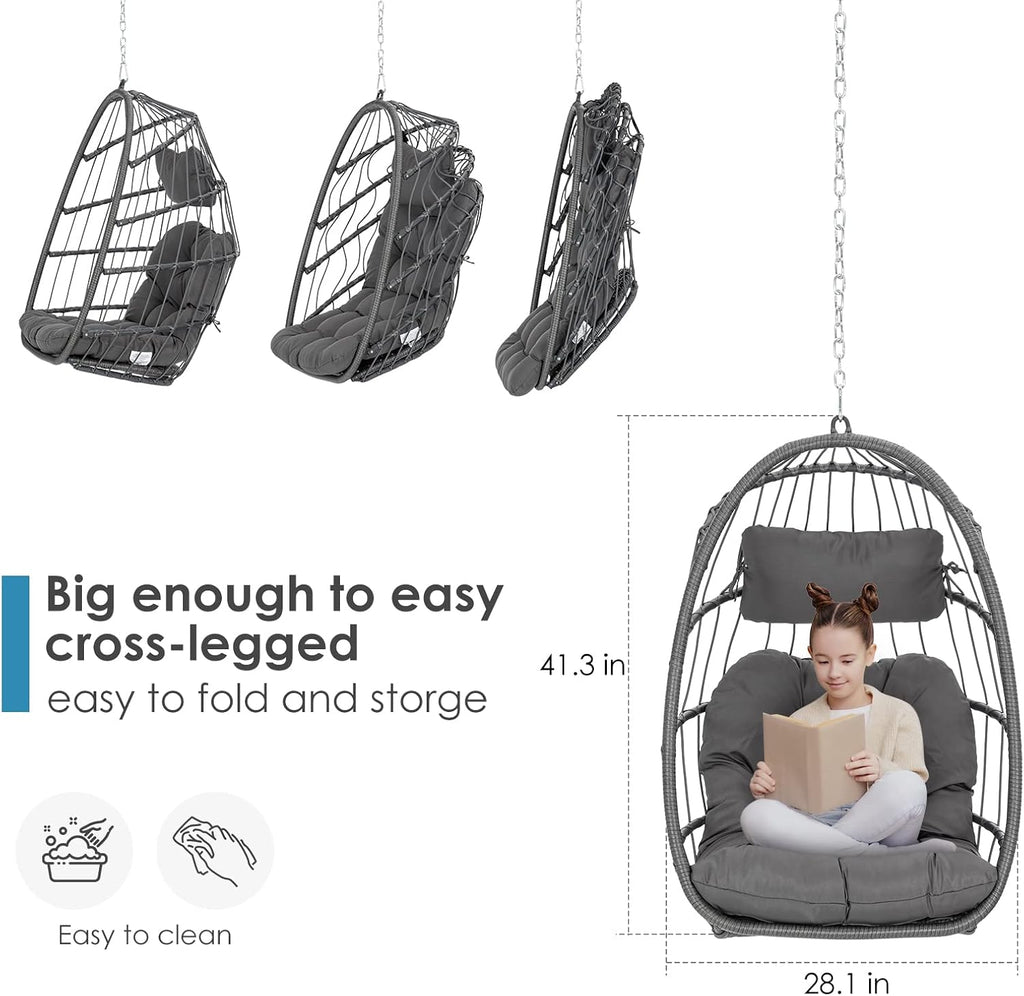 Brafab Wicker Rattan Hammock Egg Hanging Chair with Chain, Rusty Resistant Aluminum Frame and UV Cushion, Indoor Outdoor Bedroom Patio Porch Folding Camping Chair(Without Stand)