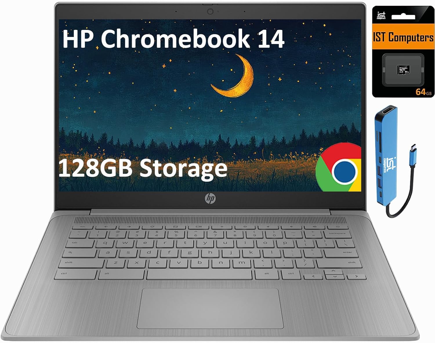 HP Chromebook 14 Laptop (14" Anti-glare  Intel 4-Core Celeron N4120  4GB RAM  128GB Storage (64GB+64GB SD)) for Home & Student  Lightweight  14-Hr Battery Life  Webcam  Wi-Fi  IST HUB  Chrome OS  Grey