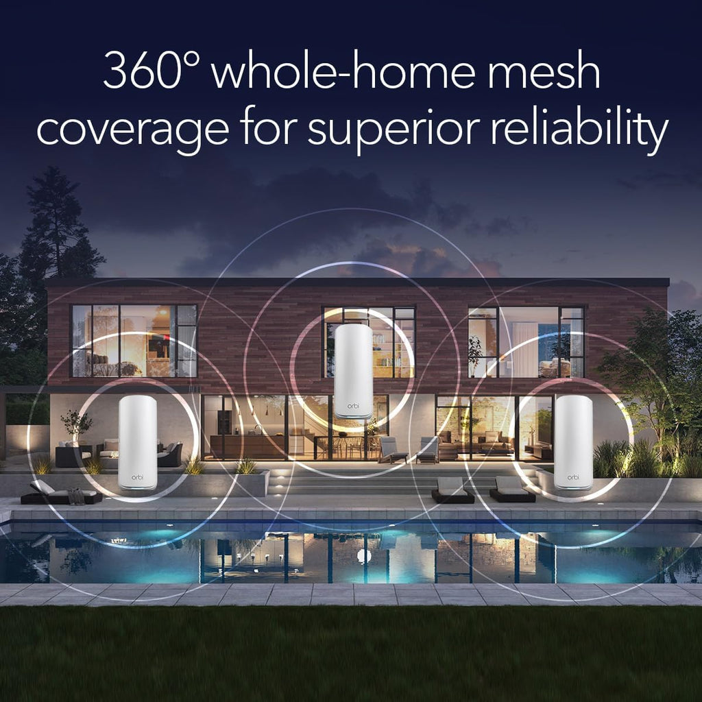 NETGEAR Orbi 870 Series Tri-Band WiFi 7 Mesh System (RBE873) - Router + 2 Satellite Extenders  Security Features  Up to 21 Gbps  Covers Up to 9 000 Sq. Ft.  150 Devices  10 Gig Internet Port  BE21000