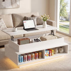 YSHOMY 40" Lift Top Coffee Table with Hidden Storage & Multi-Color LED Lights, Modern Square Wood Table with 4 Open Shelves for Living Room and Small Space, White Grain