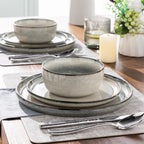 GBHOME 24 Pieces Double Bowls Ceramic Dinnerware Sets for 6, Stoneware Plates and Bowls Set with Reactive Glaze, Scratch Resistant Stoneware Dishes Set, Dishwasher & Microwave Safe