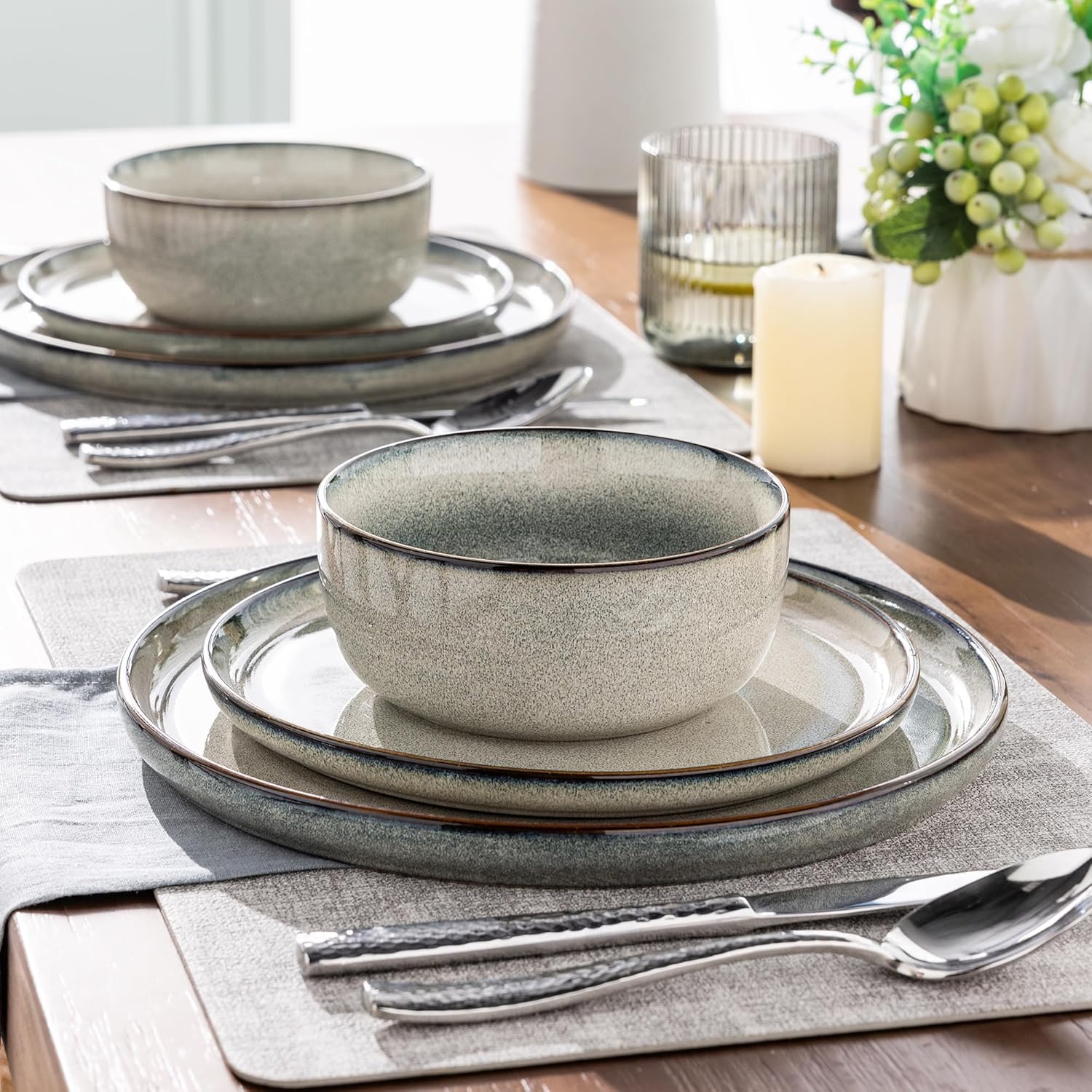 GBHOME 24 Pieces Double Bowls Ceramic Dinnerware Sets for 6, Stoneware Plates and Bowls Set with Reactive Glaze, Scratch Resistant Stoneware Dishes Set, Dishwasher & Microwave Safe