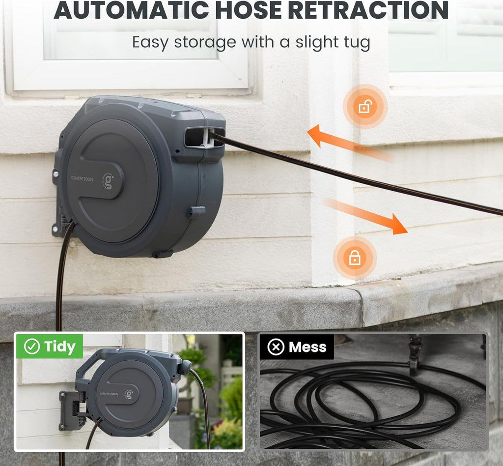 Giraffe Tools AW30 Garden Hose Reel Retractable 1/2" x 100 ft Wall Mounted Water Hose Reel Automatic Rewind, Any Length Lock, 100 ft, Dark Grey