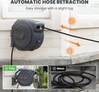 Giraffe Tools AW30 Garden Hose Reel Retractable 1/2" x 100 ft Wall Mounted Water Hose Reel Automatic Rewind, Any Length Lock, 100 ft, Dark Grey