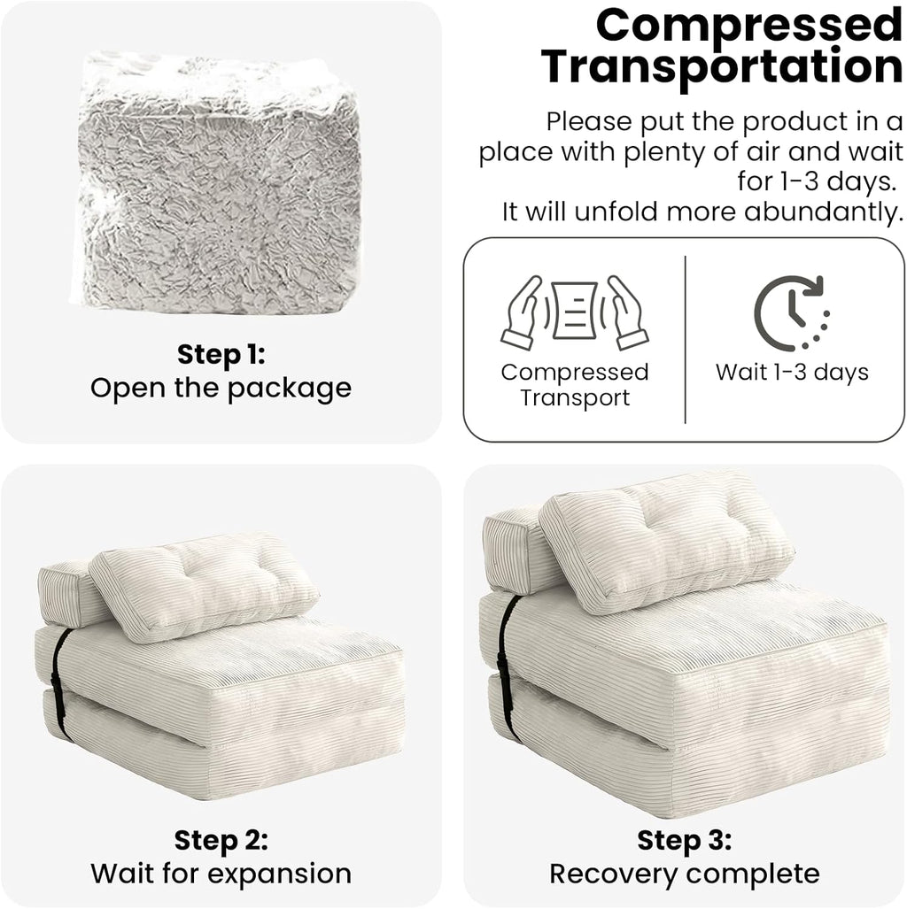 tantohom Folding Sofa Bed, Convertible Sleeper Chair with Pillow Foldable Mattress with Back Support,Space-Saving Sofa for Living Room,Bedroom (White)