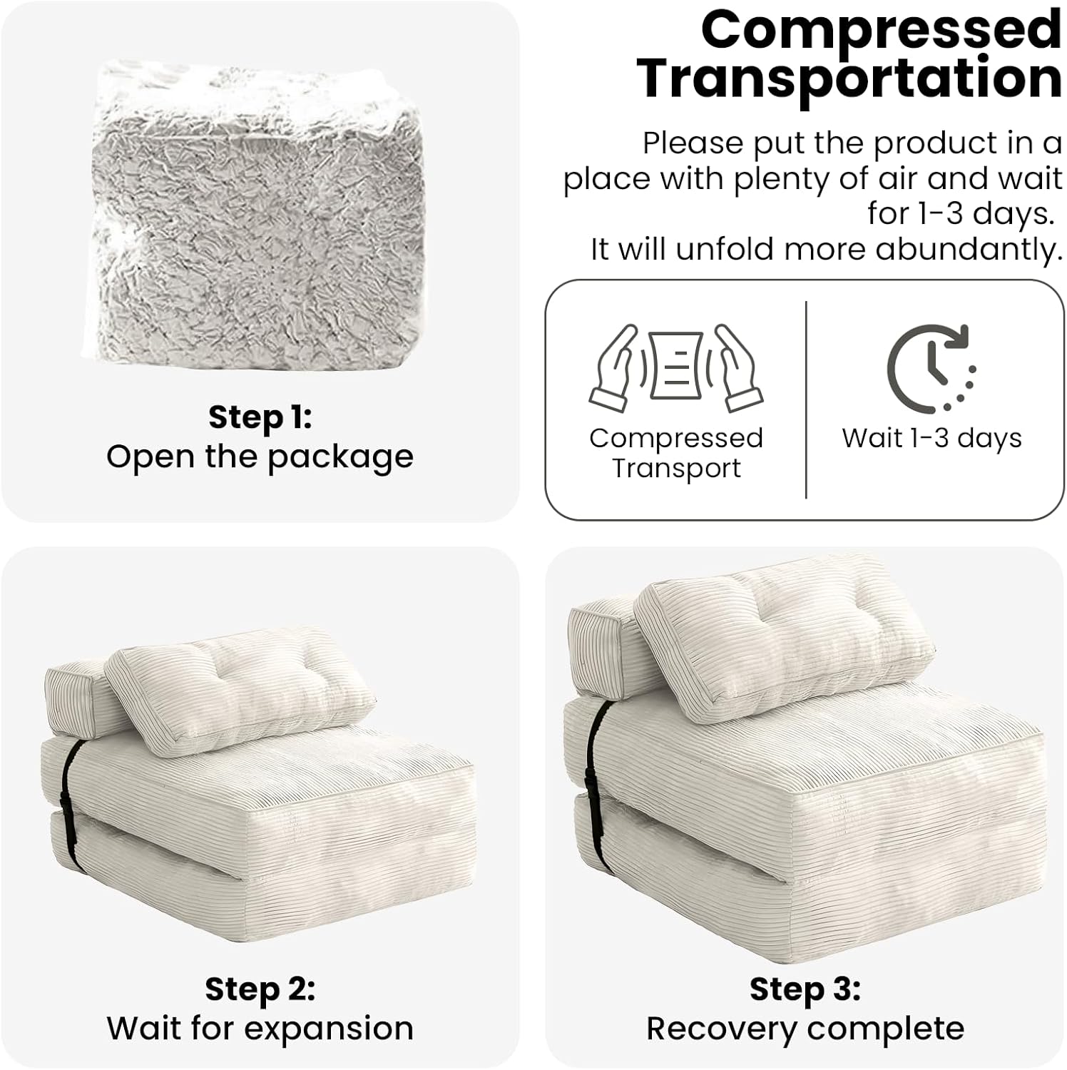 tantohom Folding Sofa Bed, Convertible Sleeper Chair with Pillow Foldable Mattress with Back Support,Space-Saving Sofa for Living Room,Bedroom (White)