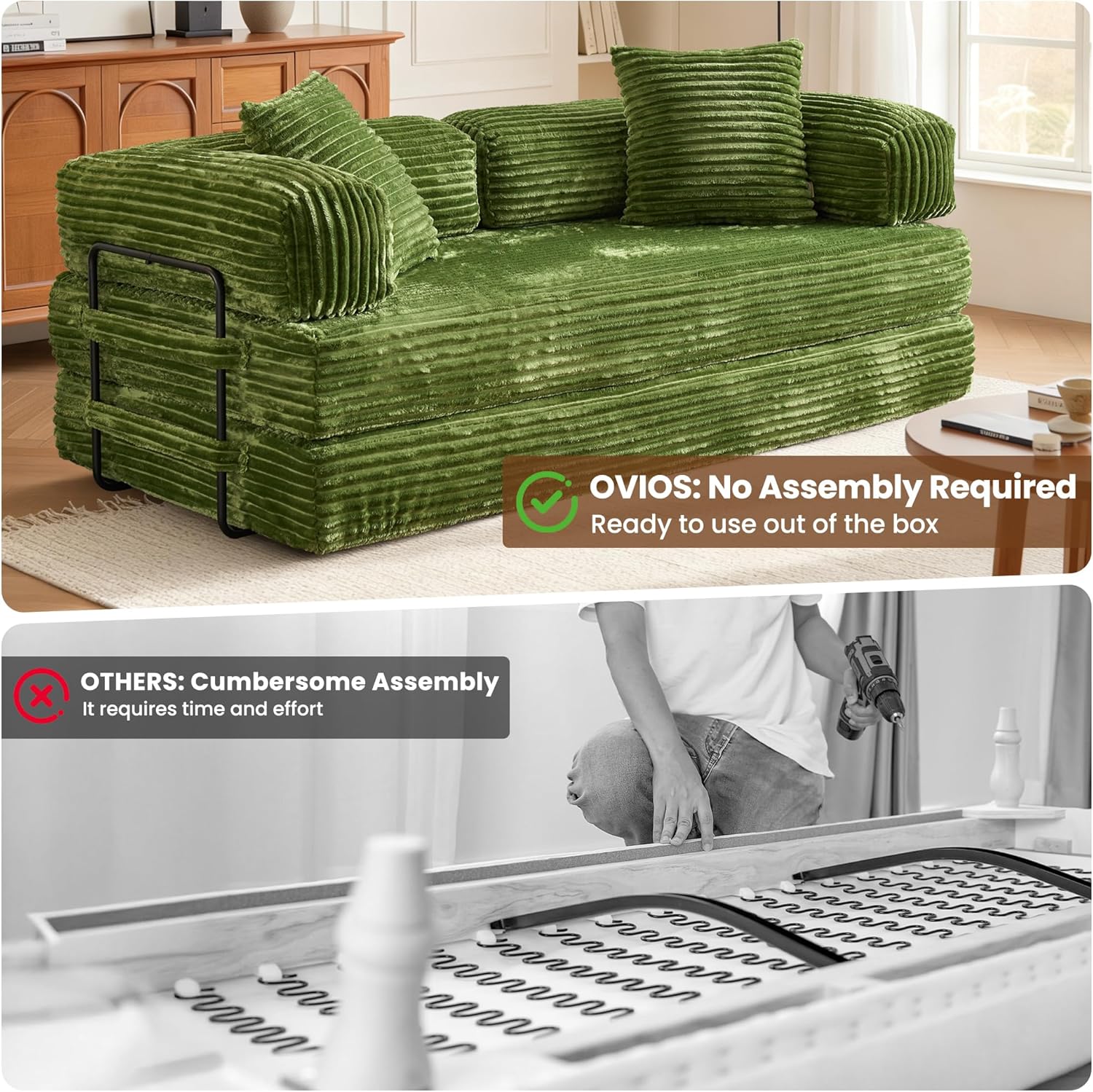 ovios 81" Folding Sofa Bed, Foldable Sleeper Boneless Couch with Pull Out Beds, Modular Convertible Floor Futon Loveseat Lounger for Living Room (Faux Fur, Green)