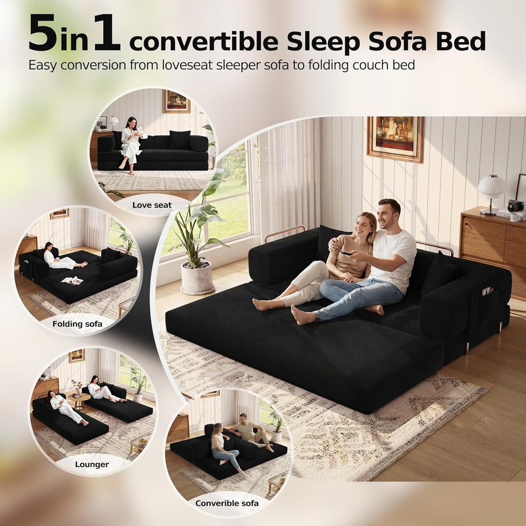 MoonSpeak 78.8''Sleeper Couch Bed for Livingroom .Convertible Modular Sofa with Armrest Pillow .Modular Fldable Corduroy Couches in a Box,No Assembly (Black)