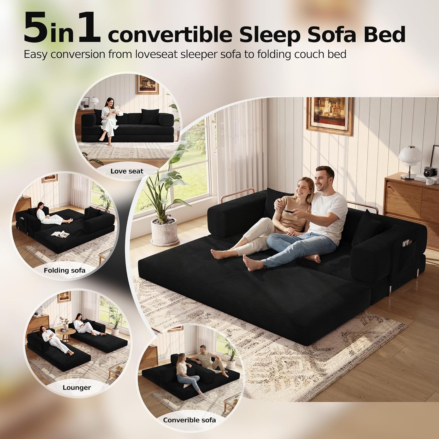 MoonSpeak 78.8''Sleeper Couch Bed for Livingroom .Convertible Modular Sofa with Armrest Pillow .Modular Fldable Corduroy Couches in a Box,No Assembly (Black)