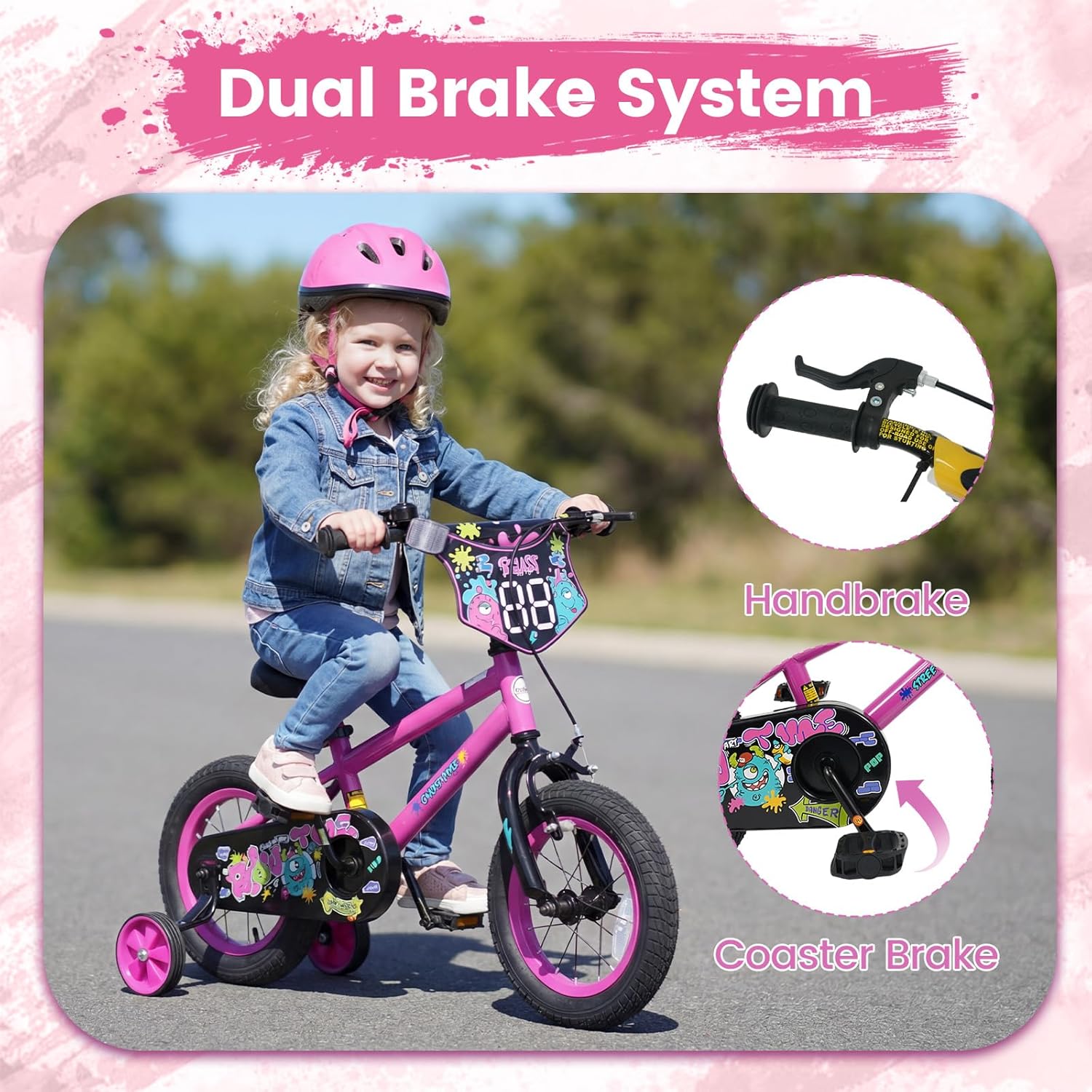 Olakids Kids Bike, 12 14 16 18 Inch BMX Style Toddlers Bike with DIY Drawing Board Training Wheels Adjustable Seat Coaster Brake Handbrake Safety Bell for Boys Girls