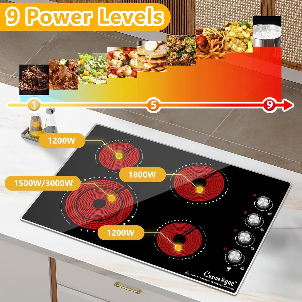30 Inch Built-In Electric Ceramic Glass Cooktop, 4 Burners, 7200W Total Power, Knob Control, Compatible with Flat-Bottom Cookware, 220-240V Hardwired