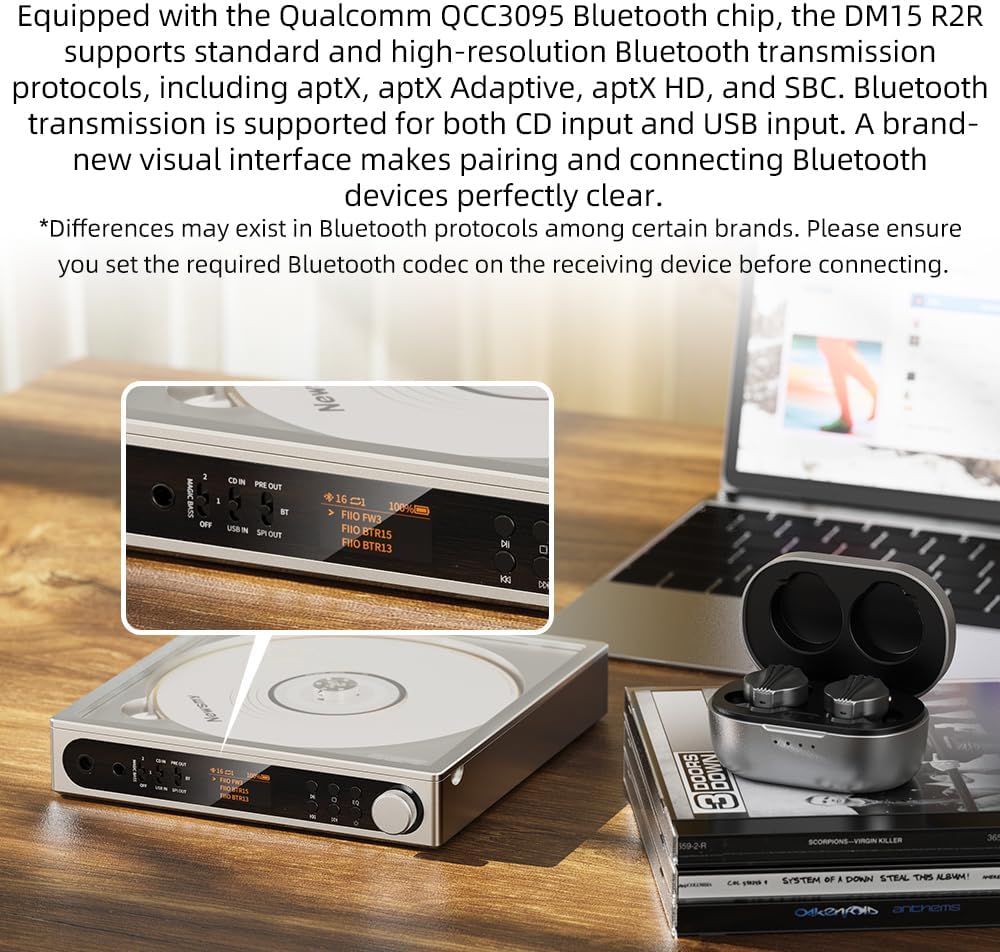 FiiO DM15 Portable Stereo CD Player with True 24Bit R2R DAC  1150mW+1150mW High-Power Output  aptX Adaptive Bluetooth Transmitter  24 Sound Presets  USB/CD HiFi Audio  HD Display (Black)