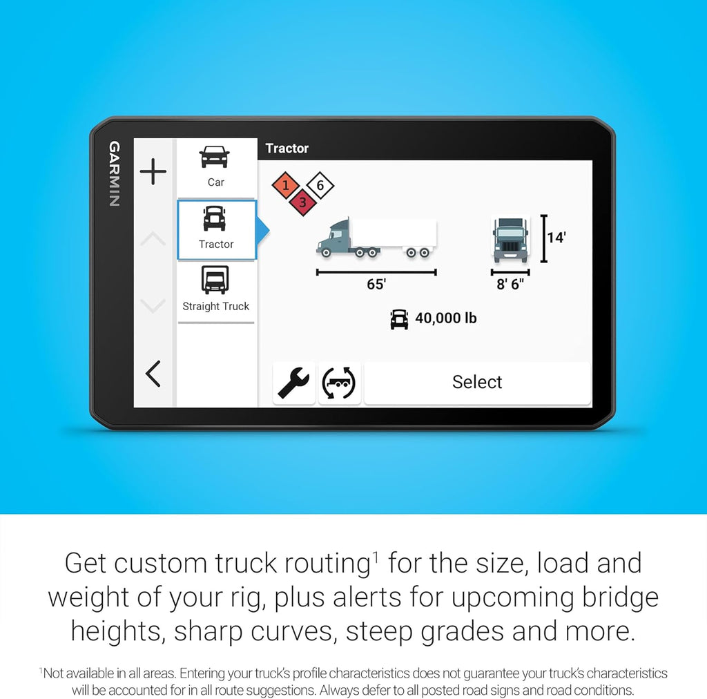 Garmin dezl OTR720  Large 7' GPS Navigator  Custom Truck Routing  Satellite Imagery  Wind Speed  Community-Shared Loading Docks & Parking Availability