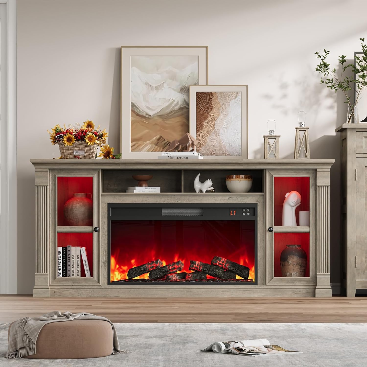 Farmhouse Fireplace TV Stand Up to 80" TVs, 70" Modern Highboy Entertainment Center with 36" Electric Fireplace & LED Lights, Media Console with Adjustable Shelves for Living Room, Gray
