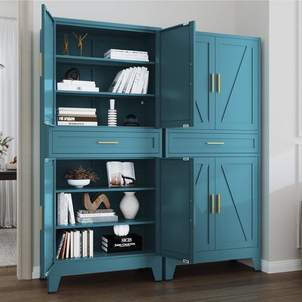71 "Farmhouse Metal Filing Cabinet with a Drawer and 4 Adjustable Shelves, with 4 Large barn Door Blue Kitchen Cabinets, Metal Food Cabinets for Home, Kitchen, Dining/Living Room (Peacock Blue)