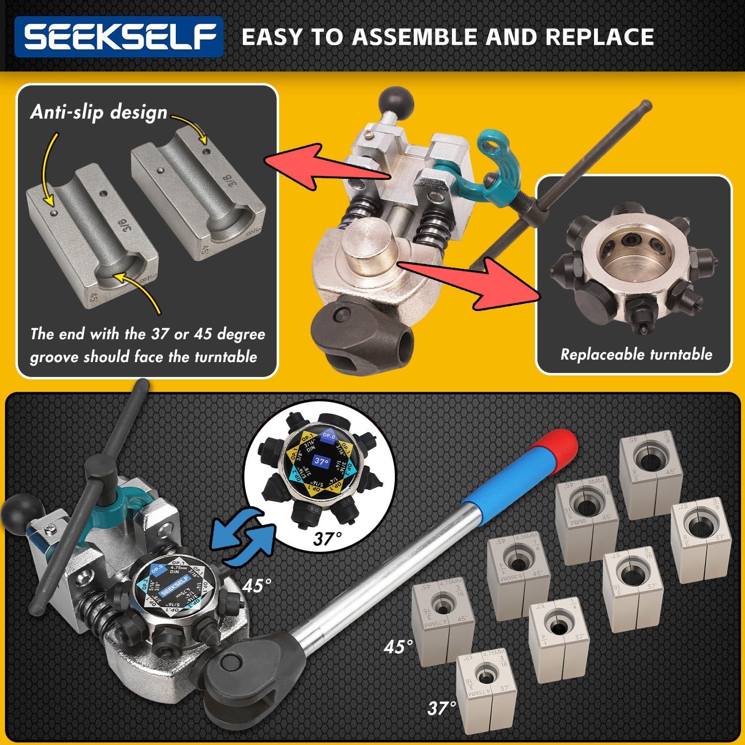 Professional Brake Line Flaring Tool Kit for 45 & 37 Degree Single, Double and Bubble Flares, 3/16", 1/4", 5/16", 3/8" and 4.75mm Steel Copper Metal Tubing