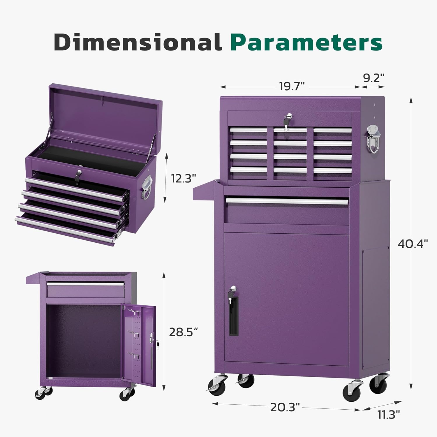 Greenvelly Tool Chest, 5-Drawer Rolling Tool Chest with Hooks and Lockable Wheels, Detachable Top Tool Box, Toolbox with Wheels, Rolling Tool Box for Mechanics Garage Workshop and Tool Room (Purple)