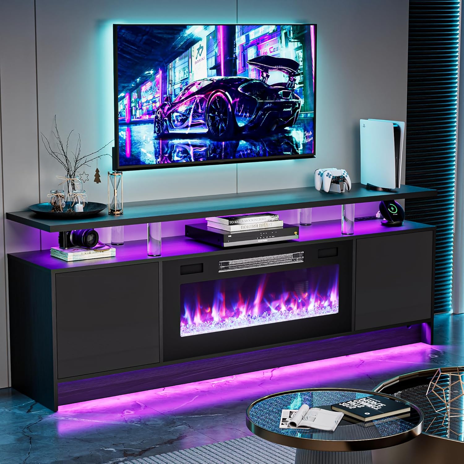 BREEZEHEAT 70 Inch Fireplace TV Stand for Up to 80" TV Console with 36'' Electric Fireplace & Outlet, Dual Led Lights Entertainment Center with Fireplace, Living Room, Black