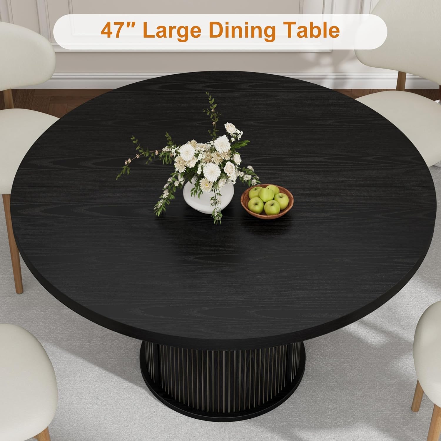 Garvee 47 Inch Round Dining Table for 4, Kitchen Table with 2-Layer Storage Shelf and a Drawer, Farmhouse Circle Dinner Table for Dining Room, Kitchen, Living Room (Table Only), Black