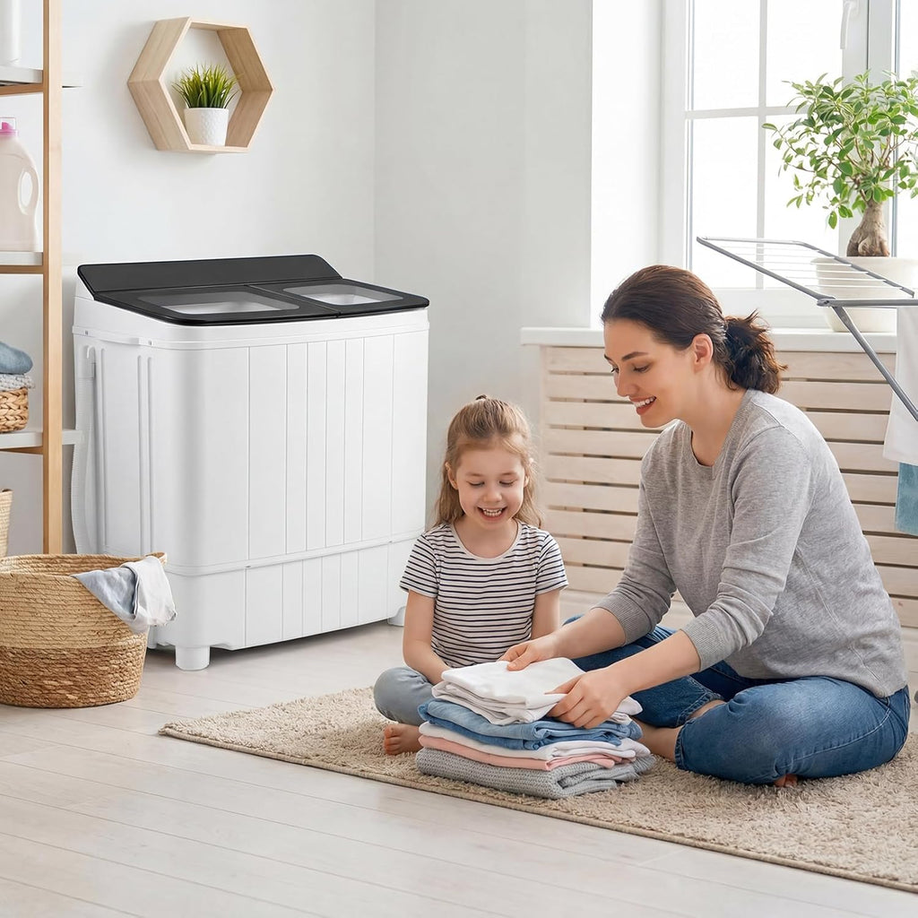 Giantex Portable Washing Machine, 18LBS Twin Tub Mini Compact Laundry Washer Spinner Combo with Drain Pump, 11Lbs Washer and 7Lbs Spinner for Apartments, RVs, Dorms, Gray+White