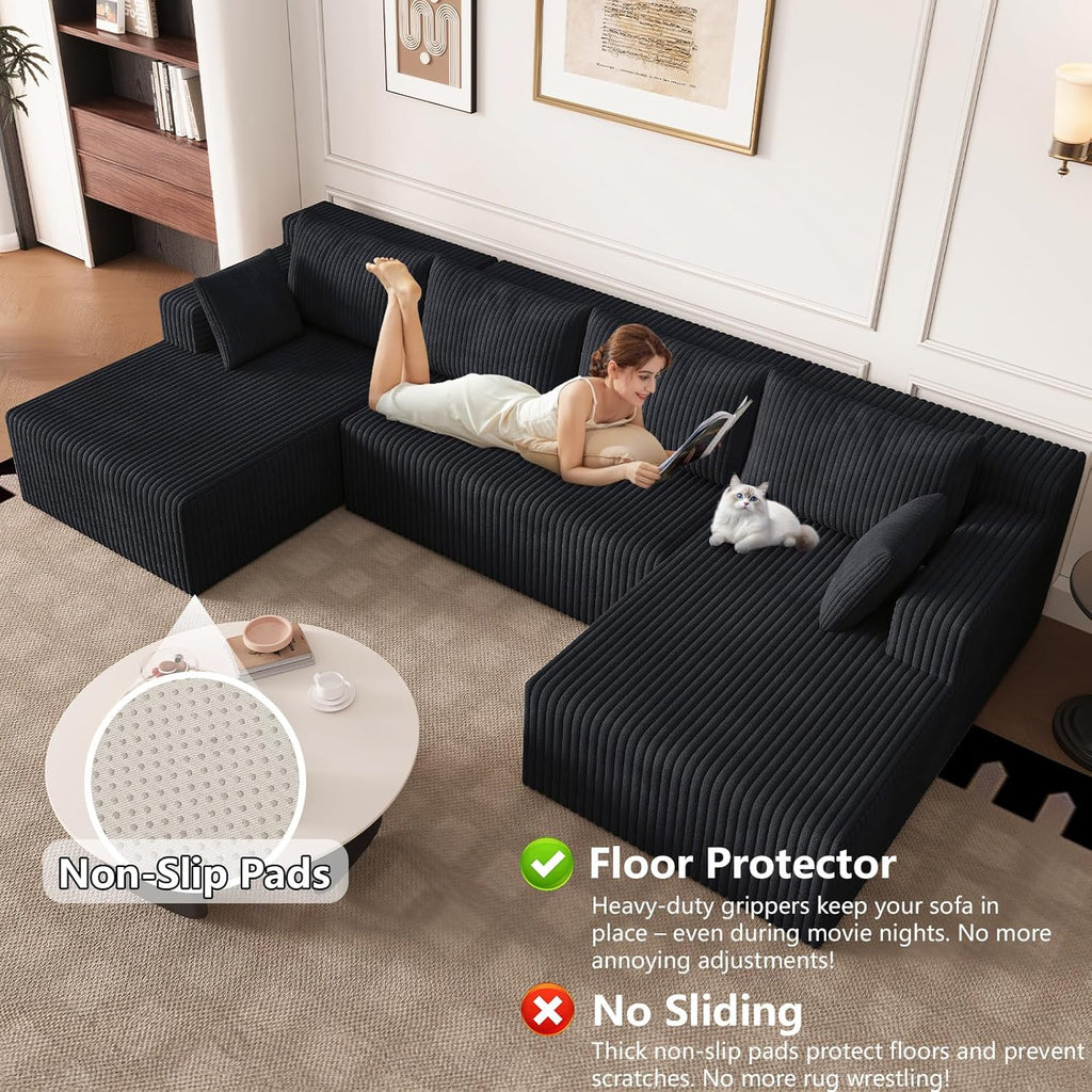 124" Modular Sectional Sofa, Modern Corduroy Cloud Couch with Deep Seat, Boneless Couch Upholstered 4-Seater U-Shaped Sofa for Living Room, No Assembly Required (Black)