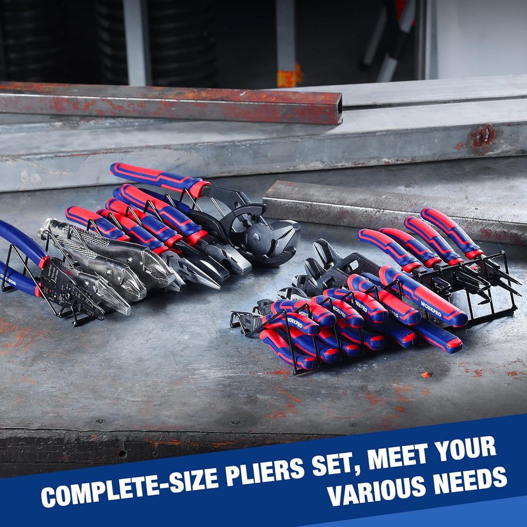 WORKPRO Pliers Set, 20 Pieces Pliers Tool Set with 2 Packs Organizer Rack, Slip Joint Pliers, Channel Locks Plier and Vise Grip Plier Assortment for Home, Garage, Mechanics & DIY Projects