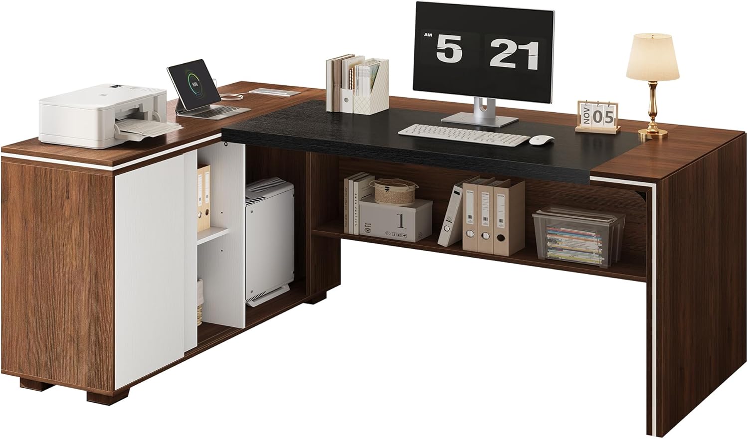 71" L-Shaped Executive Desk with Cabinet Storage, Large Office Computer Desk with Storage Shelves, Under-Desk Bookshelf, CPU Stand, Cable Management, Business Furniture Workstation (Brown)