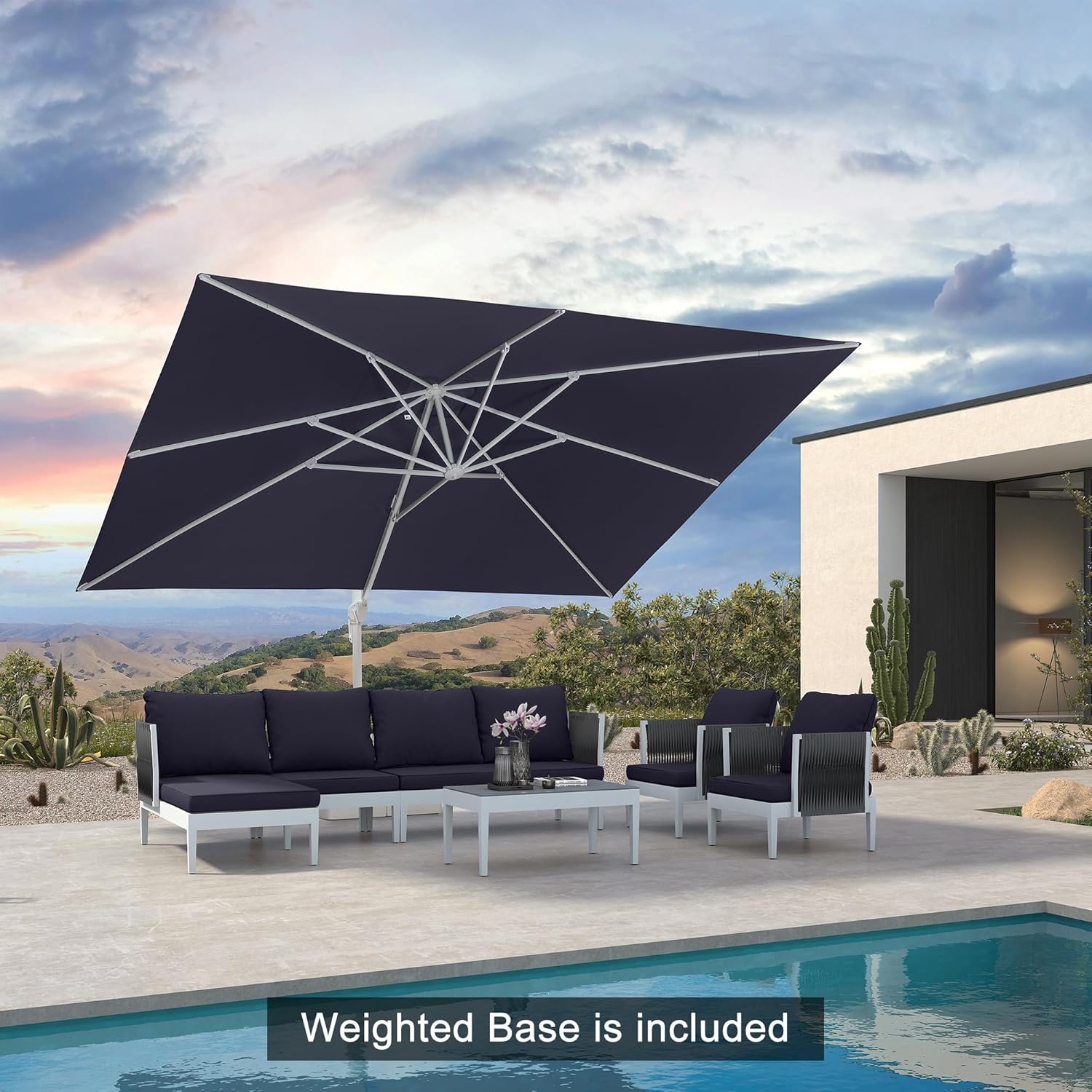 PURPLE LEAF 10' × 13' Patio Umbrella With Base White Cantilever Umbrella Square Outdoor Offset Umbrella Windproof with 360° Rotation for Garden Deck Pool, Navy Blue