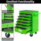 Iron-Top Rolling Tool Chest with Lockable Wheels and Side Handles, 7-Drawer Tool Storage Cabinet with Ball Bearing for Garage, Repair Shop, Required Assembly, Large Storage Capacity (Iron, 6-Green)