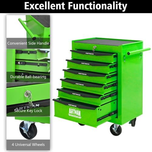 Iron-Top Rolling Tool Chest with Lockable Wheels and Side Handles, 7-Drawer Tool Storage Cabinet with Ball Bearing for Garage, Repair Shop, Required Assembly, Large Storage Capacity (Iron, 6-Green)